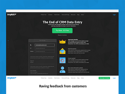 Implisit Home page brand crm dashboard data features flat home page icons illustration landing page robot testimonials
