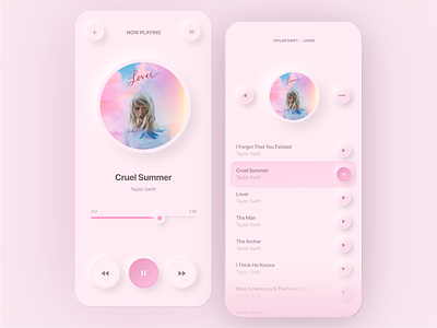 Pastel Neumorphism app design gradient lover minimal mobile mobile ui music neumorphism pink redesign round shadow taylor swift ui