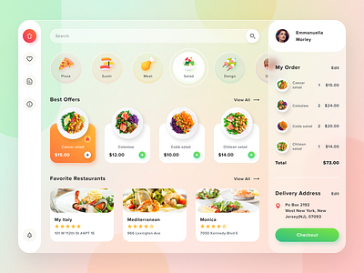 Food Delivery Dashboard clean dashboad delivery dishes figma food glassmorphism icons illustrations restaurants ui ux web