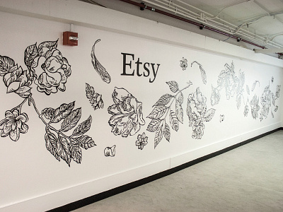 Chicago OOOK Etsy Pavilion Wall Mural black and white floral hand painted illustration mural wall mural