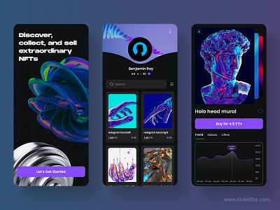 NFT Marketplace Concept app art bitcoin blockchain coin crypto cryptoart cryptocurrency dark mode defi ethereum futuristic design glassmorphism marketplace mobile nft shop token uxui web 3.0