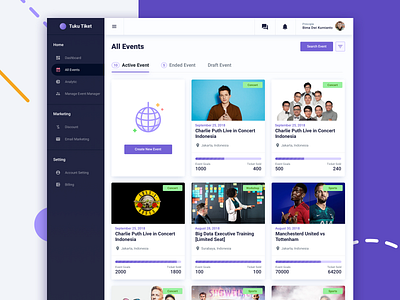 Events Management Dashboard UI/UX Design 2018 booking cards chart clean clean landing page color colors creative dailyui dashboard gradient icon illustration landing page logo management purple ticket ui