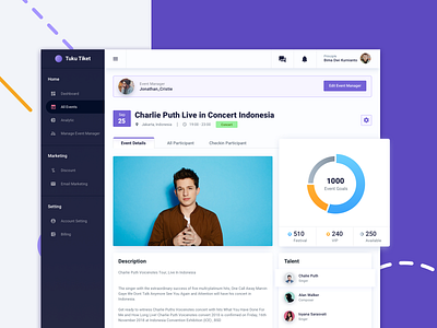 Events Management Dashboard UI/UX Design 2018 booking cards chart clean clean landing page color creative dailyui dashboard debut gradient illustration invites landing page management purple ticket trending ui