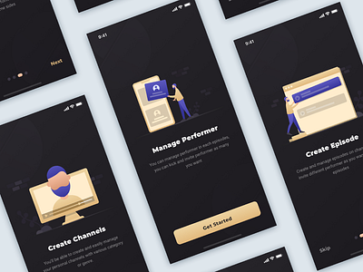 Onboarding Concept For Live Video Streaming App bold design branding clean clean landing page dailyui dark background design exploration flat illustration gold gradient illustration ios onboarding onboarding illustration purple trend 2019 ui ux vector