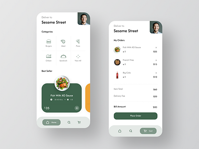 Food Delivery App 2019 trend bubbles burgers buy now cart clean dailyui delivery app ecommerce app food app green ios app money rounded simple clean interface transaction ui ux