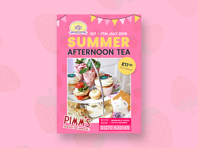 Summer Afternoon Tea Flyer afternoon tea bunting cafe food pink strawberry summer summer flyer yellow