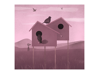 Bird Houses art bird drawing field house illustration poster sky