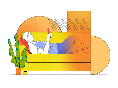 Relax 2d character comfy design flat gradient illustration product relax sofa texture woman