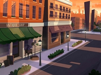 Antique Shop animation atmosphere background cartoon series city dusk educational series illustration landscape shadowing shadows sun
