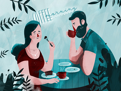 Rendezvous in the morning animation art blue breakfest coffee couple date design flat photoshop rendezvous texture
