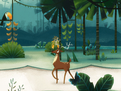 Deer on a walk animals animated series bird deer explainer forest green jungle landscape textures toucan tvc