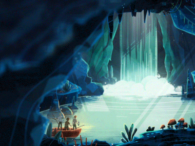Compositing & Parallax adventure animated series cartoon cartoon series cave explainer landscape motion shades textures waterfall web