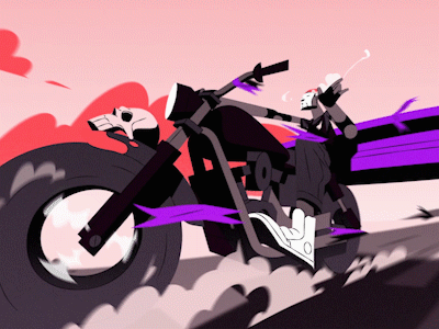 The Riding Reaper Strikes Back! 2d animation animation art bike cel animation color design frame by frame gif man rebel road skull smoke speed sport