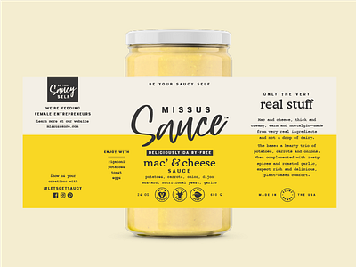 Missus Sauce Full Layout jar mac and cheese packaging packaging design pasta plant based script yellow
