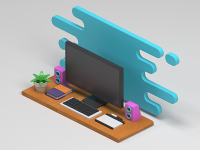 Workspace 3d drawing tablet isometric monitor notebook speaker workplace workspace