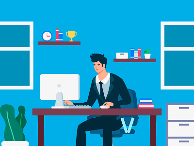 The Businessman Office business ceo desk desktop employees flat design illustration man office startup working workplace workspace