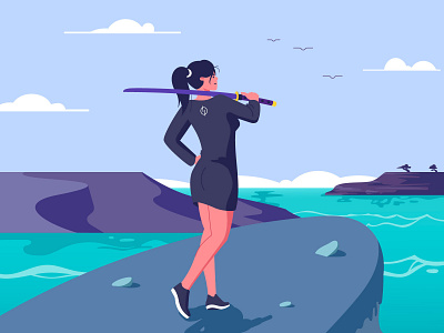 Girl with Katana beach character flat illustration girl illustration katana