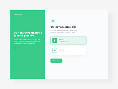 Select Account Type dashboard design green ui ux white