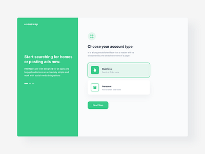 Select Account Type dashboard design green ui ux white