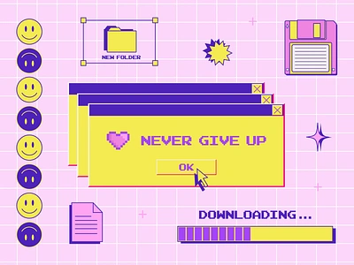 "Never give up" y2k illustration 1990s 2000s adobe illustrator aesthetic computer design floppy disk geek graphic design illustration interface nostalgia old computer pink retro smile vector window y2k