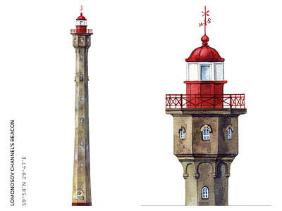 Lomonosov channel’s beacon aquarelle beacon drawing illustration lighthouse seamark traditional graphic watercolor painting