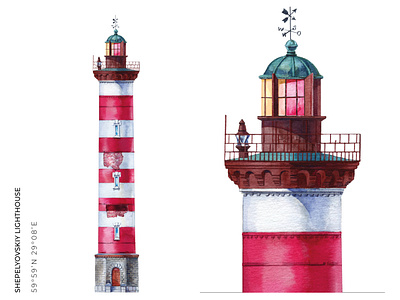 Shepelevskiy lighthouse aquarelle beacon illustration light lighthouse sea seamark watercolor