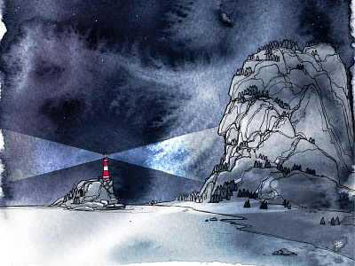 Lighthouse_Norway aquarelle graphic art illustration light lighthouse mountain night sea water color watercolor