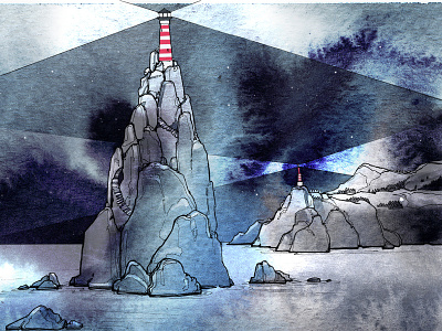 Lighthouse_Norway_3 aquarelle drawing illustration light lighthouse mountain night sea star stripes watercolor
