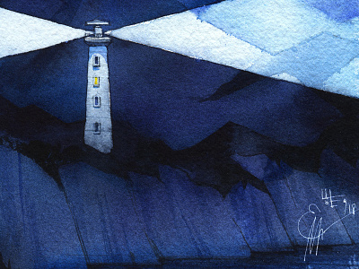 White lighthouse aquarelle drawing illustrate illustration light lighthouse night sea watercolor