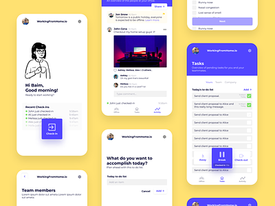 Simple Working From Home App (WIP) card character checkin checkout dashboard design flat illustration minimal simple task todo ui