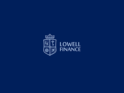 Lowell Finance airplane crown finance handwheel key logo mark monogram real estate shield