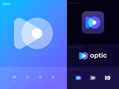 Optic Premade Logo Design ar augmented reality branding camera logo eye for sale icon identity lense light logo play logo premade rays tech template unused video logo virtual reality vr