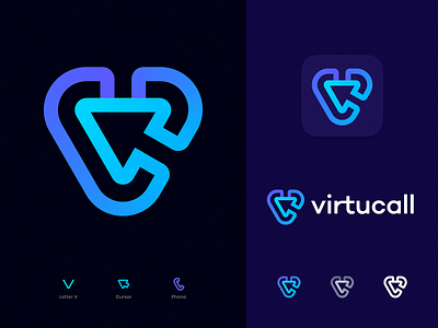 Virtucall Logo Concept arrow branding call connection cursor for sale gradient identity ip letter v logo online play icon telecom telephone telephony triangle unused virtual waves