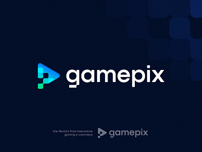 Gamepix Approved Logo blockchain branding connection fintech game gamer gaming gradient identlty it logo logomark negative space pixel pixelate play button play icon startup transition typography