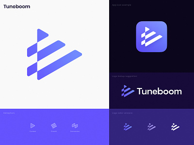 Tuneboom Approved Logo app icon branding chart connection glitch gradient identity illusion logo media logo music optical play button logo play logo rays steps stripes timeline tune video logo
