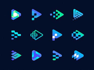 Play Buttons and Pixels Logo Exploration blockchain bolt branding button crypto cube fintech for sale gamer gaming gradient identity isometry logo pixels play tech transition unused video logo