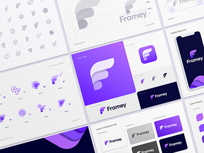 Framey Logo Design Process app icon arrow booking brandbook branding fly identity letter f location logo logoguide map marker photo pin schedule share social social app typography wing