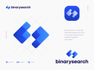 Binarysearch Logo Design arrows blockchain brackets branding code coding deploy developer fintech fullstack gradient icon identity it logo pixels programming search software tech