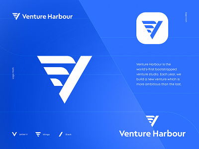Venture Harbour Logo Design branding business gradient icon identity it launch letter v lettering logo merketing negative space startup tech triangle venture wing