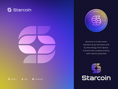 Starcoin Logo and Token Concept altcoin blockchain branding coin crypto currency dao decentralized defi gradient icon identity letter s lettering logo nft space star token unused