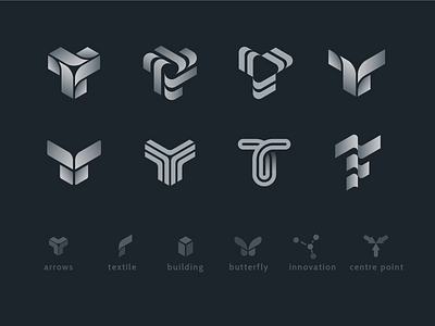 T logo sign exploration sketches 3d logo arrow arrows brandbook branding identity building butterfly crossroad exploration sketches fabric geometric gradient innovation letter t logo monochrome monogram textile trading center wings