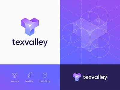 Texvalley Branding Concept 3d logo arrows blockchain branding building cube flower geometric gradient isometry letter t logo logo construction mark molecule shopping spinner textile triangle waves