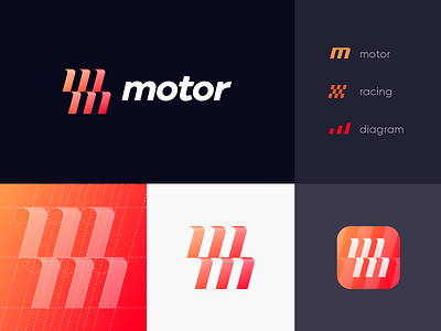 M+M Unused Logo Concept 3d app icon auto bar chart branding car dealer diagram fire flag flame flowchart glitch gradient identity logo racing stripes typography unused