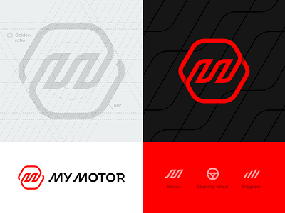 My Motor logo grid auto brandbook branding car custom typography diagram fire flame gear shift grid hexagon icon identity letter m lettering logo mobile app motor pattern steering wheel