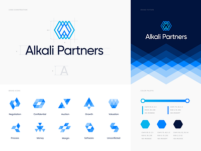 Alkali Partners branding identity arrow banking branding identity broker business chrystal construction consulting golden ratio grid hexagon icons investment logo neon paper pattern polygon sale transparent