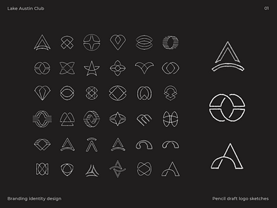 Logo draft sketches for Lake Austin Club a branidng bridge building condominium construction hill house identity lake letter logo mountain pencil premium real estate residence sketches star symmetry