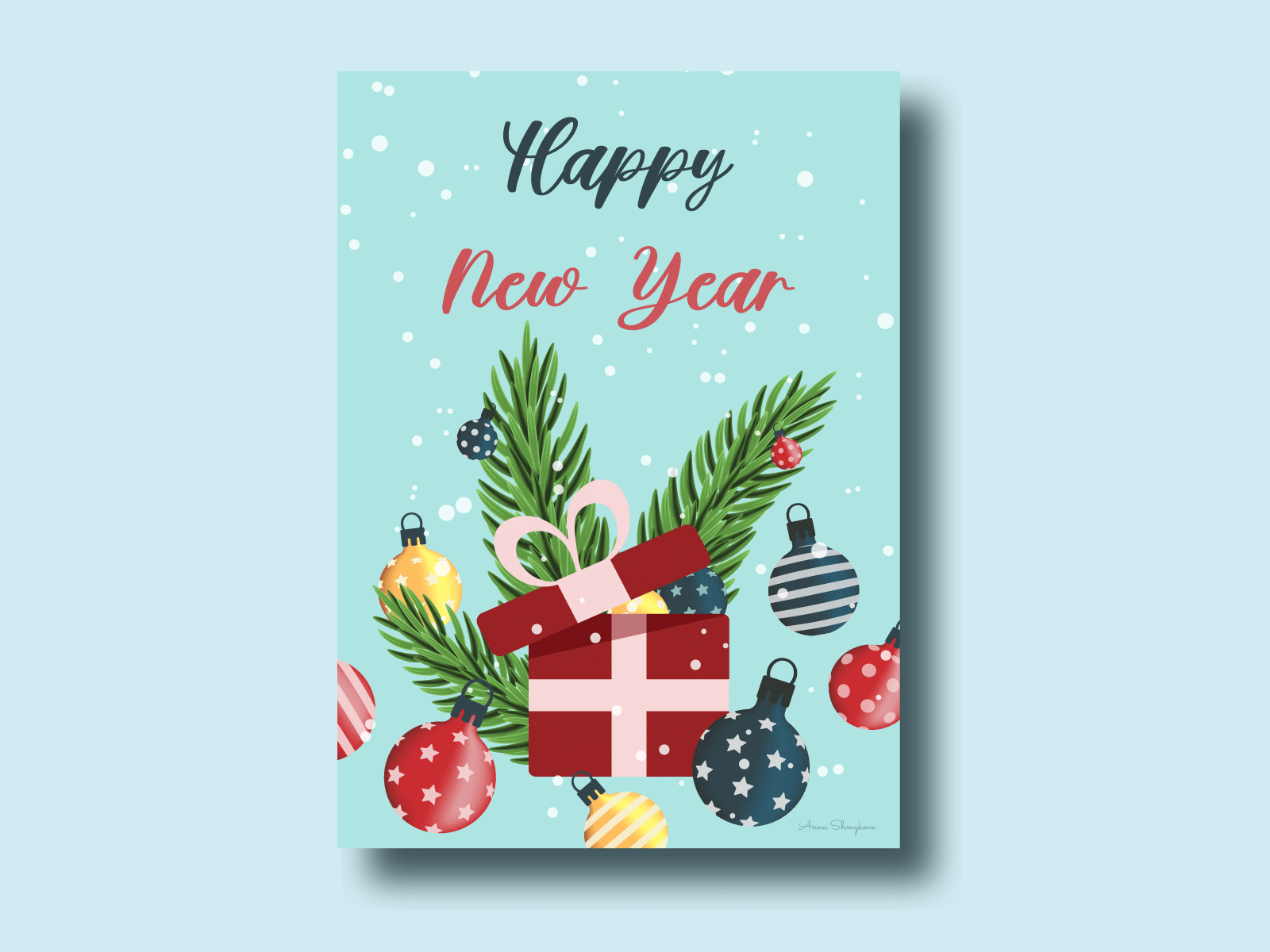 Graphic design of a New Year postcard adobeillustrator christmas christmas tree christmas tree toy graphic design holiday new year postcard present snow vector winter