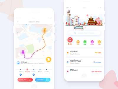 Bus Line App Interface buses colorful buttons icons illustrations lines maps traffic
