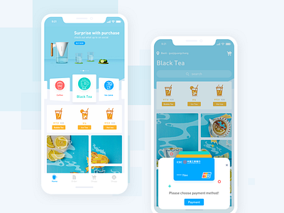 Beverage payment interface beverages blue card style coffee colorful ios11 iphone x online banking payment interface tea ui