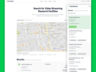 Facility Finder for Video Streaming Research Facilities clean directory layout listing page map mobile responsive search